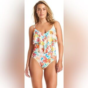 NWT Ellen Tracy Ruffle Tiered One Piece Floral Print Swimsuit